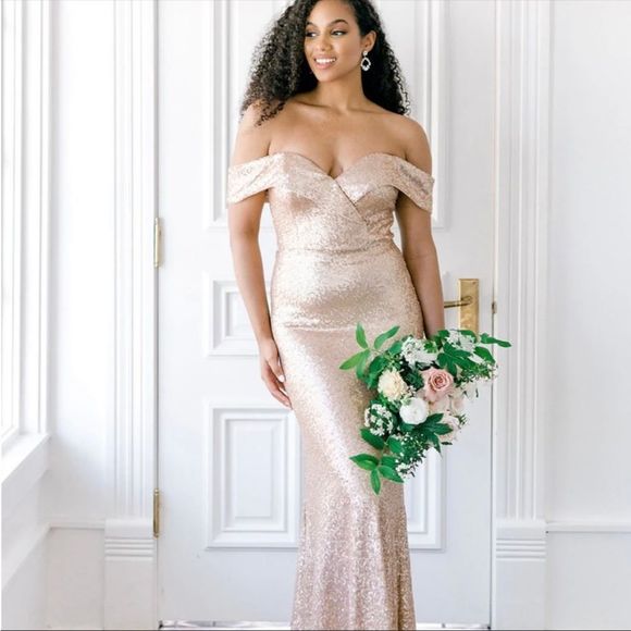 Revelry Bardot Gold Sequin Dress Sz 2 - Picture 4 of 8